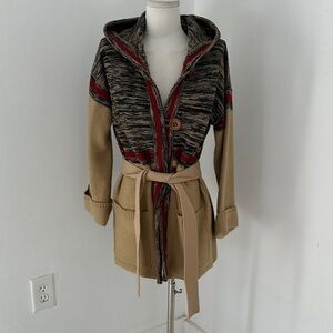 Vintage 60s Knit Earth Tone Hooded And Belted Cardigan Sweater